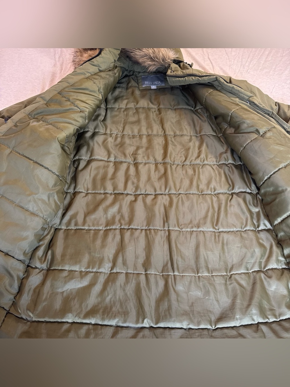 Falls Creek Olive Green Hooded Puffer Parka with Faux Fur Trim - Picture 4 of 4